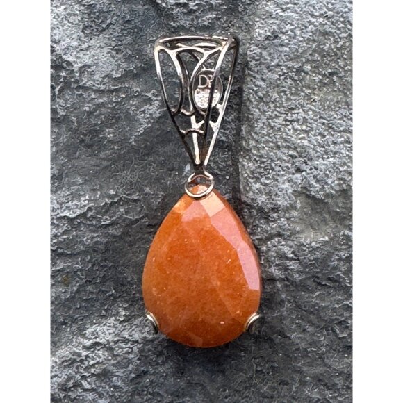 Orange Aventurine Teardrop Pendant With Ornate Silver Bail 1.5 Inch Length Handc - Picture 1 of 4
